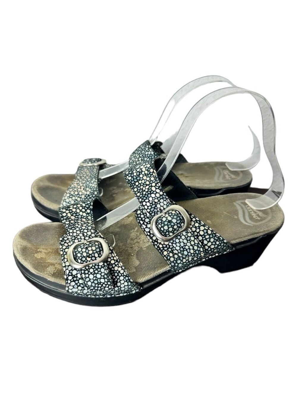 Dansko Sophie Black Gray Leather Sandals Buckle Double Strap Size 41 /11 US Boho